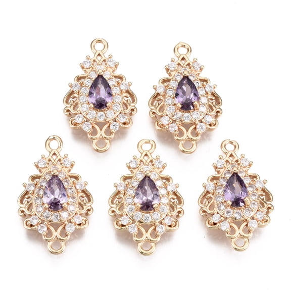 Brass Micro Pave Cubic Zirconia Links Connectors with Glass Long-Lasting Plated Teardrop Light Gold Violet 20x12x5mm Hole: 1.4mm for DIY