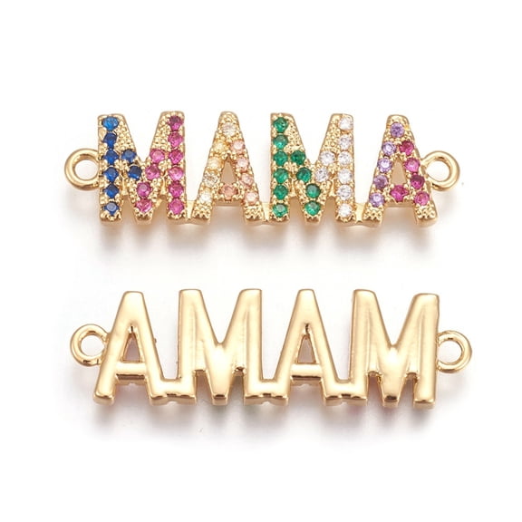 Brass Micro Pave Cubic Zirconia Links For Mother's Day Jewelry Making Word Mama Colorful Golden 9.5x31x2mm Hole: 1.5mm