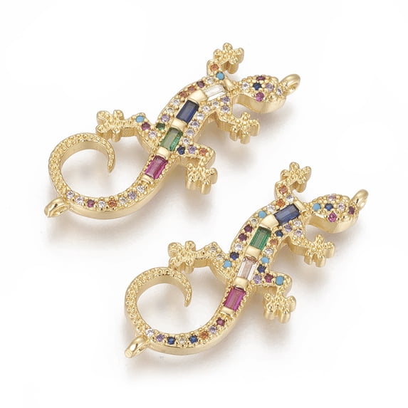 Brass Micro Pave Cubic Zirconia Links Gecko Colorful Golden 33x15.5x3mm Hole: 1.2mm