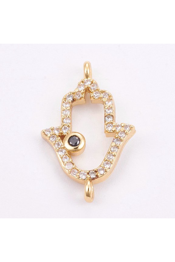 Brass Micro Pave Cubic Zirconia Links Long-Lasting Plated Hamsa Hand/Hand of Fatima/Hand of Miriam Golden 19.5x12.5x2mm Hole: 1.2mm