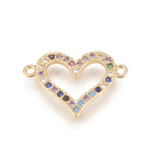 Brass Micro Pave Cubic Zirconia Links Long-Lasting Plated Lead Free & Cadmium Free & Nickel Free Heart Colorful Real 18K golden Plated 13x19x1.5mm Hole: 1.2mm