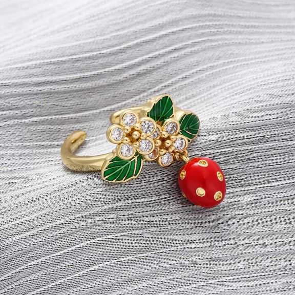 Brass Micro Pave Cubic Zirconia Open Cuff Rings for Women Strawberry with Enamel Rack Plating Lasting Plated Cadmium Free & Lead Free Real 18K golden Plated