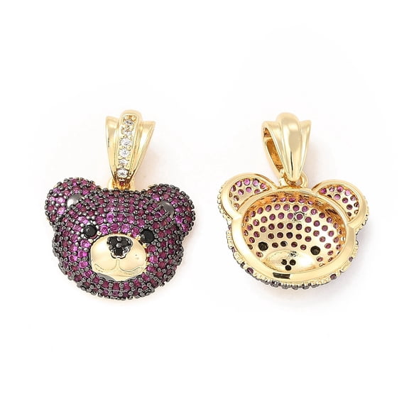 Brass Micro Pave Cubic Zirconia Pendants Cadmium Free & Lead Free Bear Head Charms Golden Medium Violet Red 16x18.5x6~6.5mm Hole: 6x3.5mm