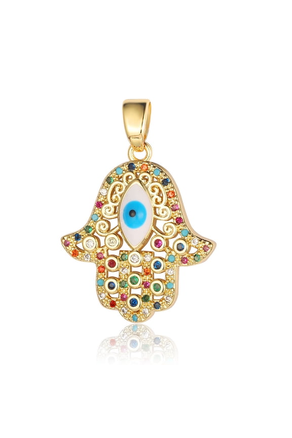Brass Micro Pave Cubic Zirconia Pendants Cadmium Free Nickel Free Lead Free Hamsa Hand with Charms Real 18K golden Plated 24x20x3.8mm