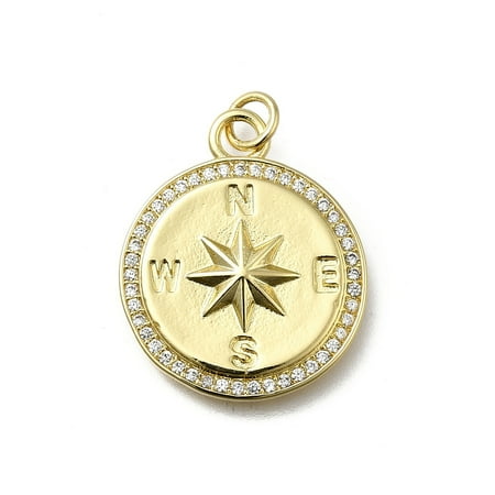 Brass Micro Pave Cubic Zirconia Pendants Compass Coin Cadmium Free Lead Free Rack Plating Long-Lasting Plated with Jump Ring
