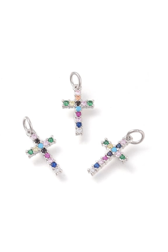 Brass Micro Pave Cubic Zirconia Pendants Cross Colorful Platinum 16x9x2mm Hole: 3mm