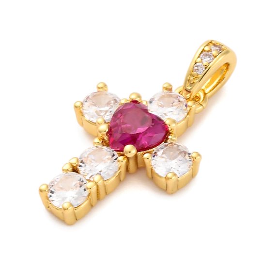 Brass Micro Pave Cubic Zirconia Pendants Cross with Heart Charms Golden 18x14x4mm Hole: 4x2mm