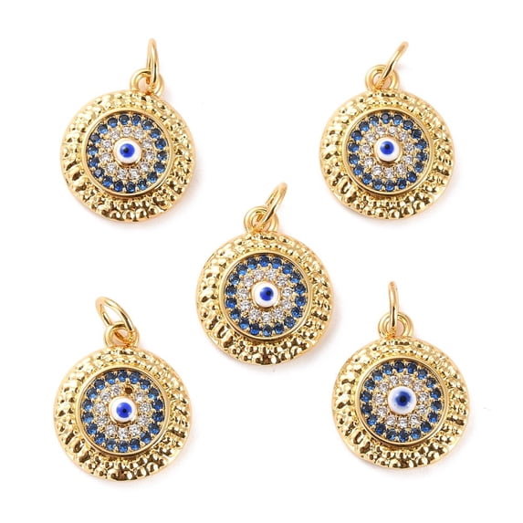 Brass Micro Pave Cubic Zirconia Pendants with Enamel Long-Lasting Plated Cadmium Free & Lead Free Flat Round with Evil Eye Real 18K golden Plated 15x12.5x3.5mm