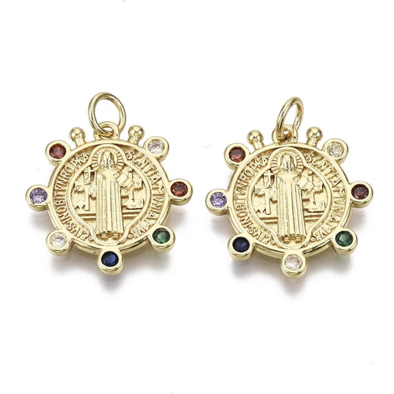 Brass Micro Pave Cubic Zirconia Pendants Flat Round with Saint Benedict Colorful 16K Gold Plated 19x19x2mm Hole 3mm Jump Ring 5x1mm 3mm inner diameter