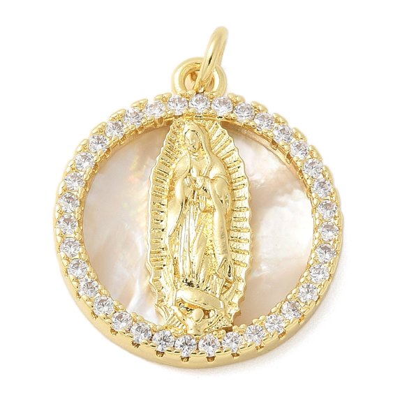 Brass Micro Pave Cubic Zirconia Pendants Flat Round with Shell Real 18K Gold Plated Lead Free & Cadmium Free Long-Lasting Plated with Jump Ring Virgin 19.5x17x3mm