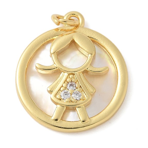 Brass Micro Pave Cubic Zirconia Pendants Flat Round with Human Charms with Shell Lead Free & Cadmium Free with Jump Ring 18K Gold Plated 20x17x3mm