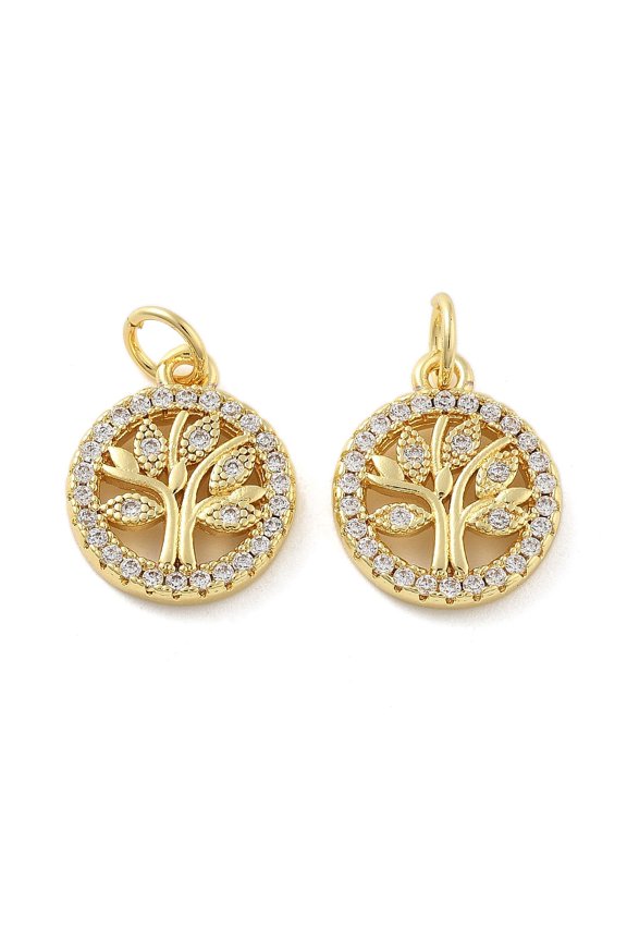 Brass Micro Pave Cubic Zirconia Pendants Flat Round with Tree Lead Free Cadmium Free Long-Lasting Plated Rack Plating with Jump Ring