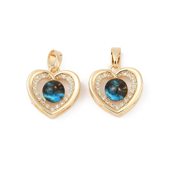 Brass Micro Pave Cubic Zirconia Pendants Heart Charms with Resin Lead Free & Cadmium Free Real 18K Gold Plated Rack Plating Deep Sky Blue