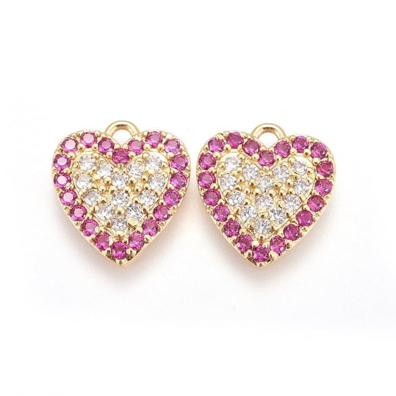 Brass Micro Pave Cubic Zirconia Pendants Heart Fuchsia Real 18K Gold Plated 13.3x12x2.7mm Hole: 1.4mm