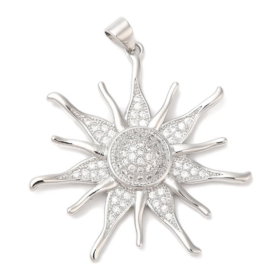 Brass Micro Pave Cubic Zirconia Pendants Lead Free & Cadmium Free Sun Charm Platinum 36.5x35x5.5mm Hole: 5x3.6mm