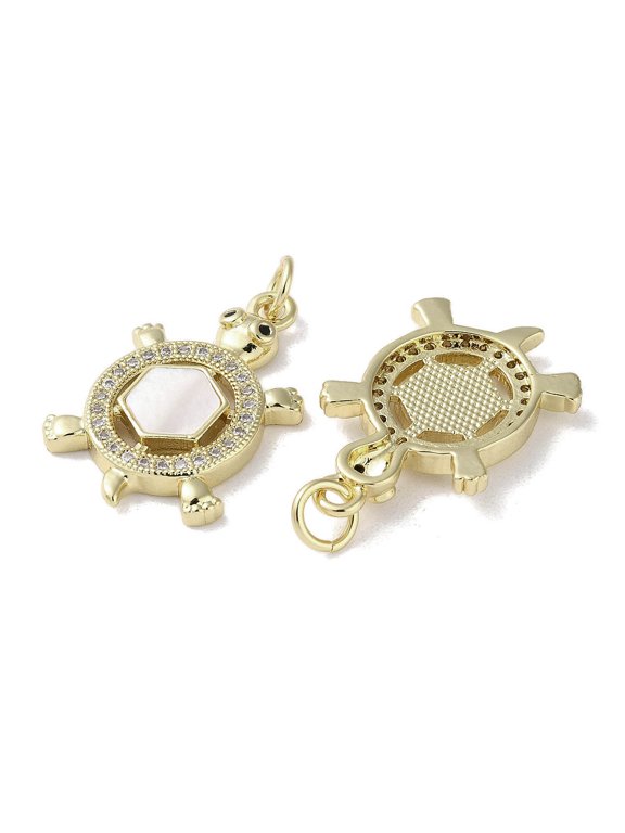 Brass Micro Pave Cubic Zirconia Pendants Natural Shell Tortoise Charms with Jump Ring Real 18K golden Plated 23x15x3mm Hole: 3mm