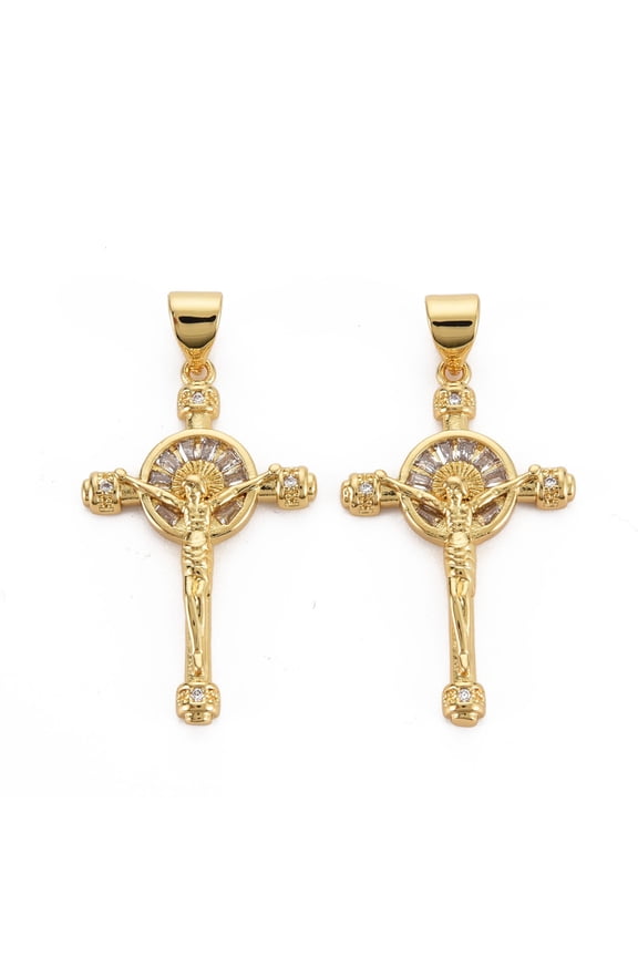 Brass Micro Pave Cubic Zirconia Pendants Nickel Free with Jesus Real 16K golden Plated 29x17.5x3.5mm Hole: 3x5mm
