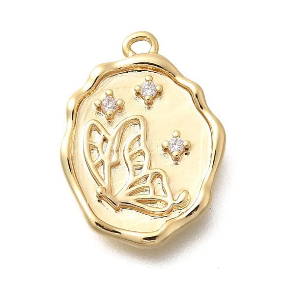 Brass Micro Pave Cubic Zirconia Pendants Oval Charms Butterfly 19x14x2.5mm Hole: 1.2mm