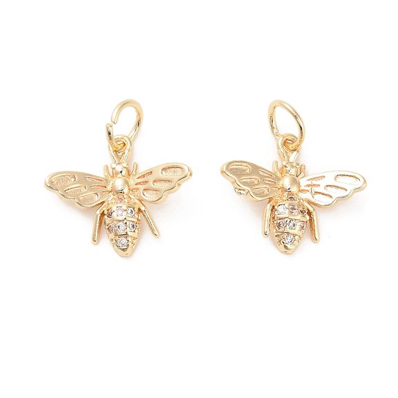 Brass Micro Pave Cubic Zirconia Pendants Real 14K golden Plated Bees 13x15x3.5mm Hole: 3.5mm