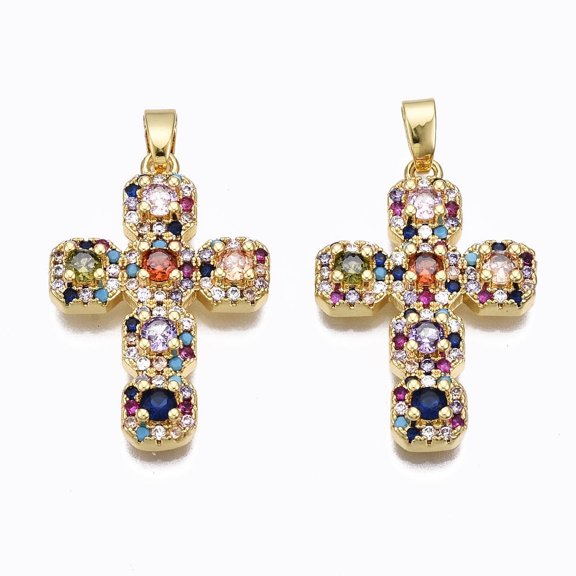 Brass Micro Pave Cubic Zirconia Pendants Real 16K golden Plated Nickel free Cross Colorful 27x18.5x4mm Hole: 2.5x5mm