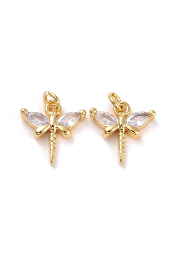 Brass Micro Pave Cubic Zirconia Pendants Real 18K Gold Plated Lead Free & Cadmium Free Dragonfly Clear 12x11.5x3mm Hole: 2.5mm DIY