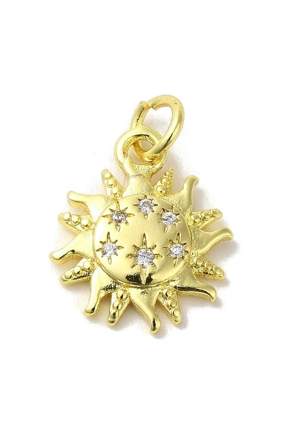 Brass Micro Pave Cubic Zirconia Pendants Real 18K Gold Plated Sun Charms Clear 15x12.5x2mm Hole: 3mm