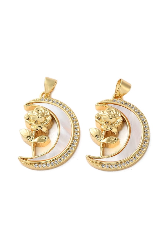 Brass Micro Pave Cubic Zirconia Pendants with Shell Moon Charms Real 18K golden Plated Rack Plating Lasting Plated Cadmium Free & Lead Free Flower 24x17x4.5mm Hole: 4.5x3.5mm