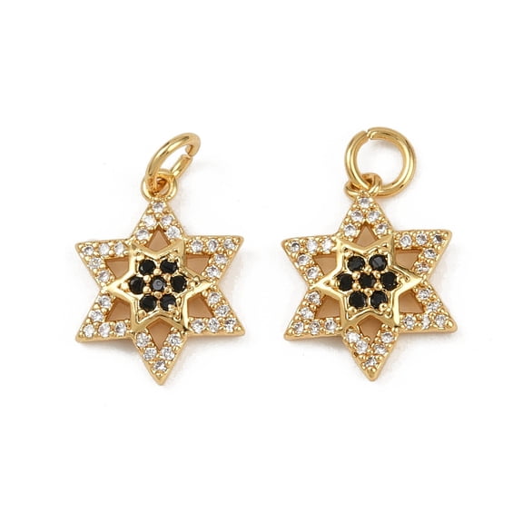 Brass Micro Pave Cubic Zirconia Pendants Star Real 18K golden Plated with Jump Ring Black 15.5x12x2.5mm Hole: 3mm