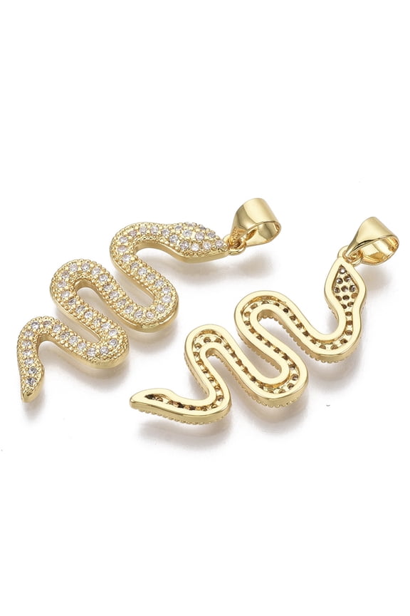 Brass Micro Pave Cubic Zirconia Pendants with Brass Snap On Bails Nickel Free Snake Clear Real 16K golden Plated 29.5x12.5x2mm Hole: 4x3.5mm