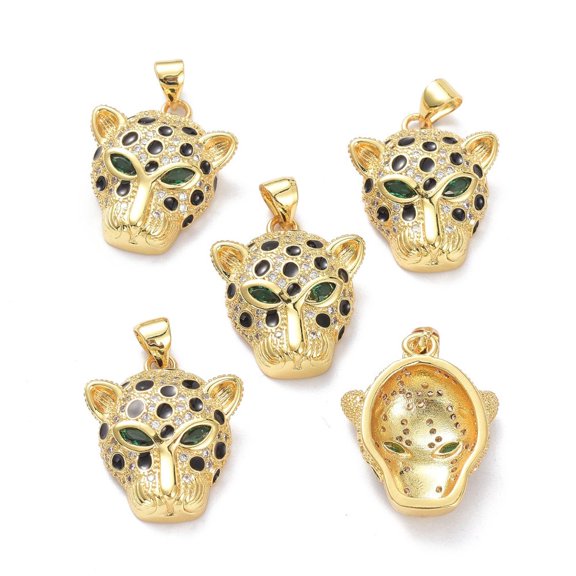 Brass Micro Pave Cubic Zirconia Pendants with Enamel Long-Lasting Plated Leopard Head Real 18K golden Plated 22x18x6mm Hole: 5x3mm