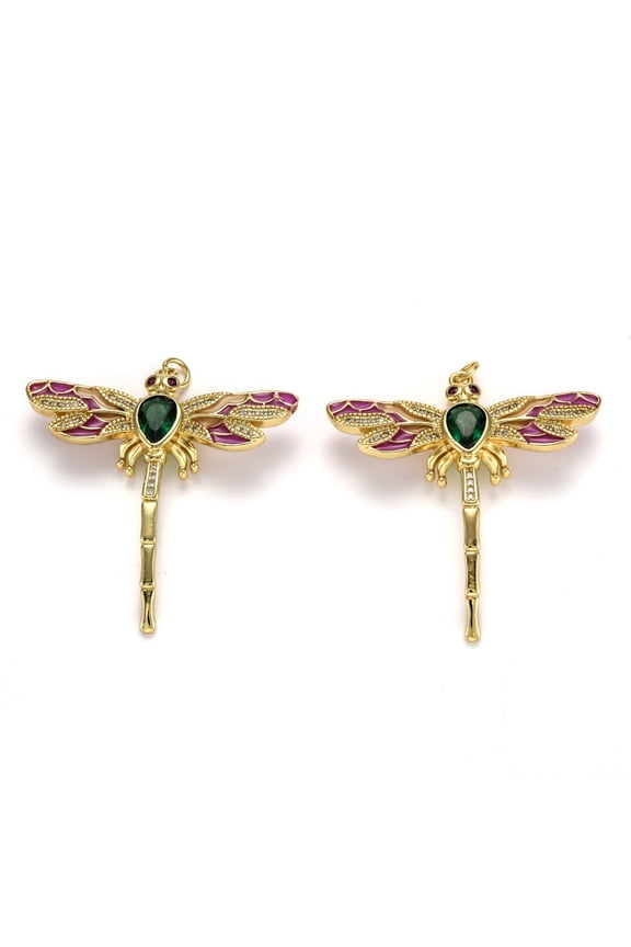 Brass Micro Pave Cubic Zirconia Pendants with Enamel and Jump Rings Long-Lasting Plated Dragonfly Real 18K Gold Plated 41.5x40x7mm