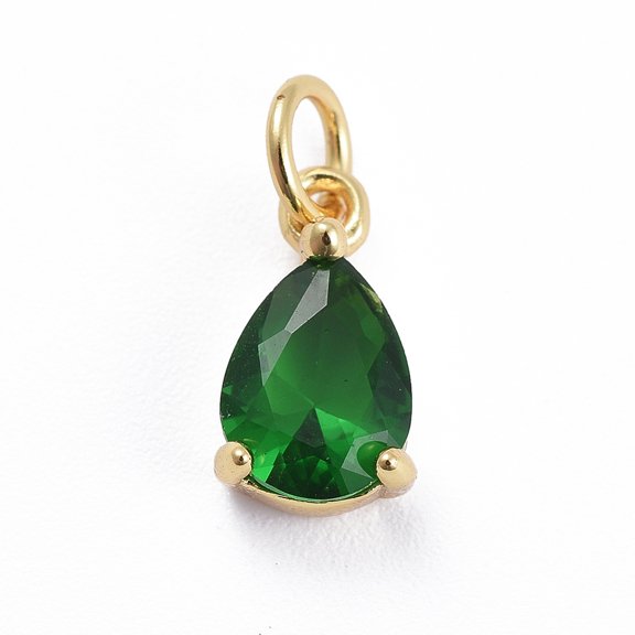 Brass Micro Pave Cubic Zirconia Pendants with Jump Ring Teardrop Rose golden Green 11.5x6.5x4mm Hole: 3mm