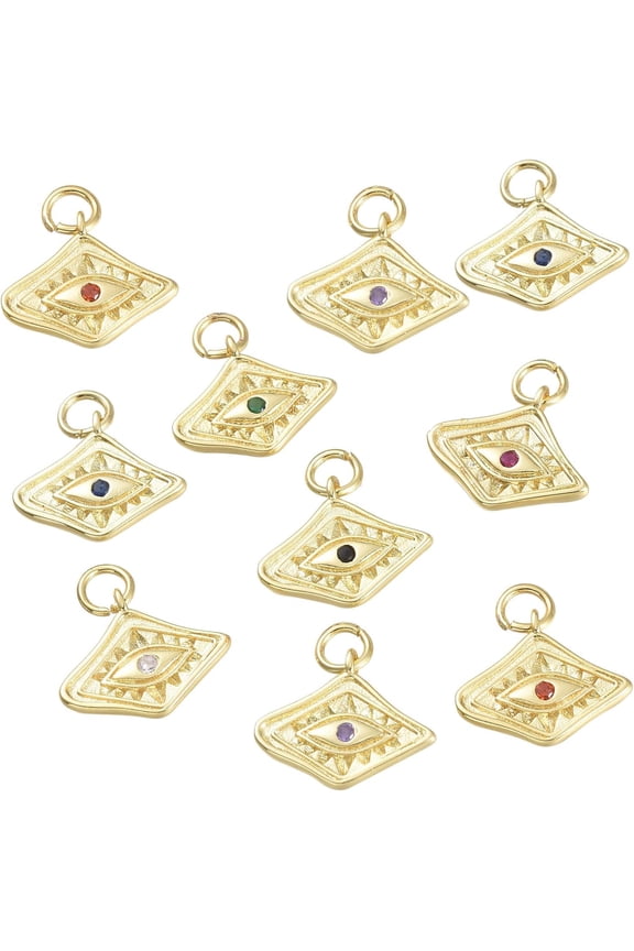 Brass Micro Pave Cubic Zirconia Pendants with Jump Rings Diamond with Evil Eye Real 18K golden Plated Mixed color 13x15x2mm Hole: 3.6mm