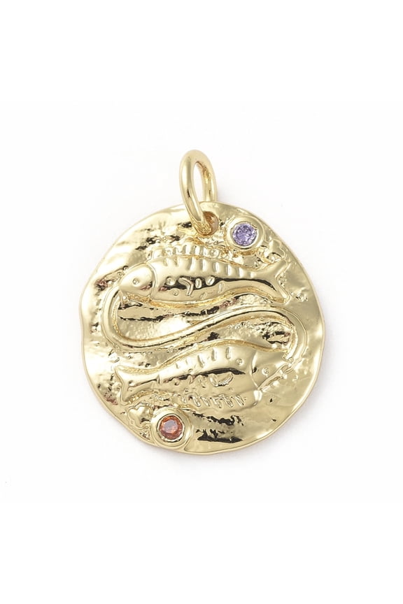 Brass Micro Pave Cubic Zirconia Pendants with Jump Rings Flat Round Constellation Colorful Golden Pisces 14-15x2mm Hole: 3mm