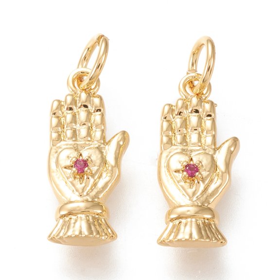 Brass Micro Pave Cubic Zirconia Pendants with Jump Rings Long-Lasting Plated Palm with Heart Magenta Golden 17x7x2.5mm Hole: 3mm