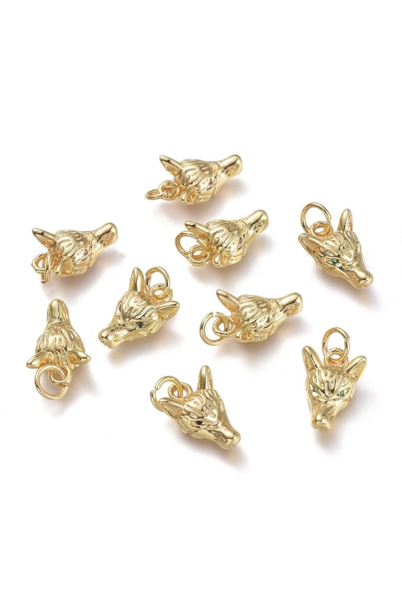 Brass Micro Pave Cubic Zirconia Pendants with Jump Rings Wolf Real 18K Gold Plated Mixed Color 12x9.5x4.5mm Hole: 3.4mm