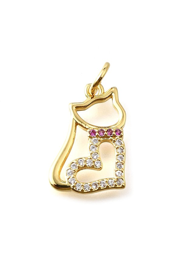 Brass Micro Pave Cubic Zirconia Pendants with Jumping Ring Long-Lasting Plated Rack Plating 18K Gold Plated/Platinum Cat Shape 15.5x10.5x1.5mm