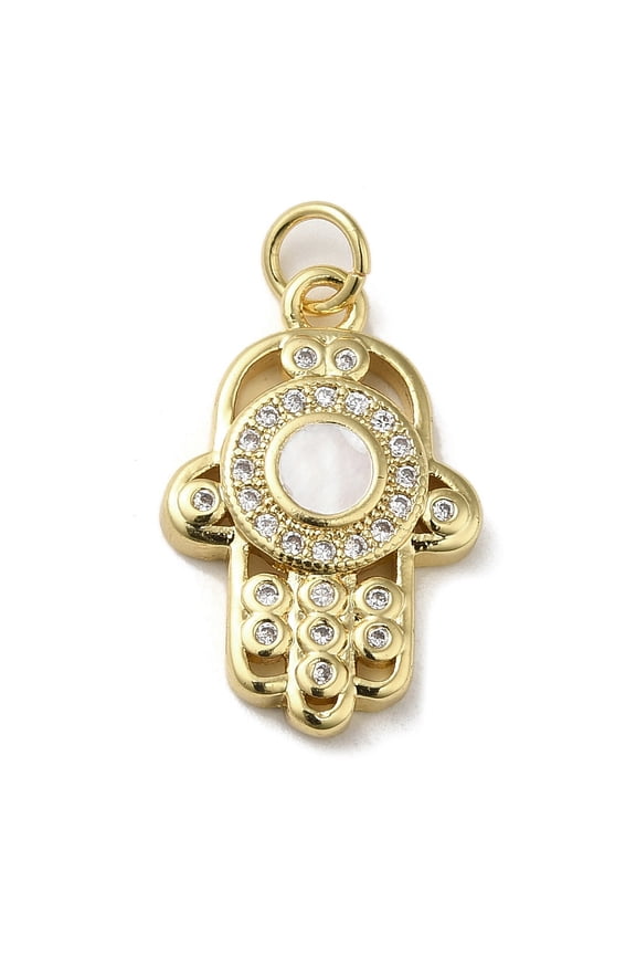 Brass Micro Pave Cubic Zirconia Pendants with Shell Hamsa Hand Real 18K golden Plated 21x13.5x3.5mm Hole: 3.4mm