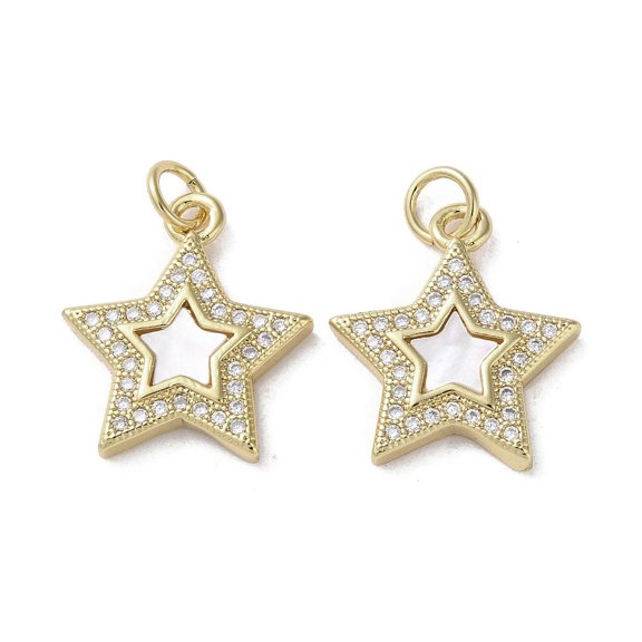 Brass Micro Pave Cubic Zirconia Pendants with Shell Star Real 18K Gold Plated 18x16x3mm Hole: 3mm