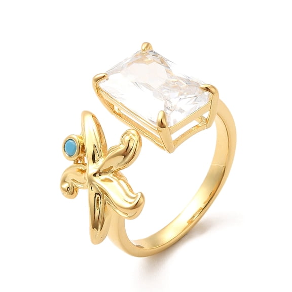 Brass Micro Pave Cubic Zirconia Ring Cuff Rings for Women Long-Lasting Plated Cadmium Free & Lead Free Rectangle & Starfish Real 18K golden Plated 2mm Inner Diameter: 17mm