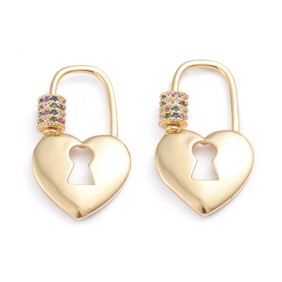 Brass Micro Pave Cubic Zirconia Screw Carabiner Lock Charms for Necklaces Making Quick Links Heart Lock Real 18K golden Plated Colorful 28x16.5x2mm Screw: 5.5x5mm