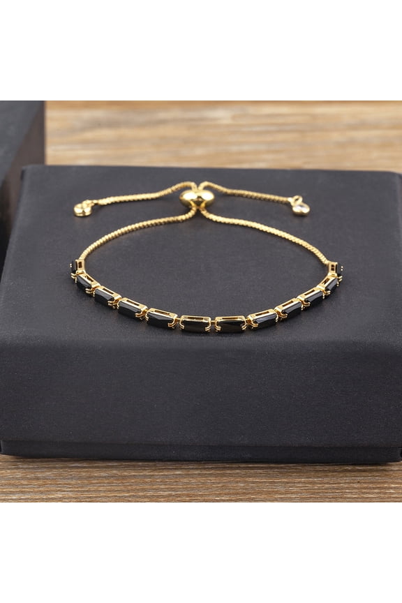 Brass Micro Pave Cubic Zirconia Slider Bracelets Rectangle Link Chain Bracelets for Women Real 18K Gold Plated Black 7-7/8 inch(20cm)