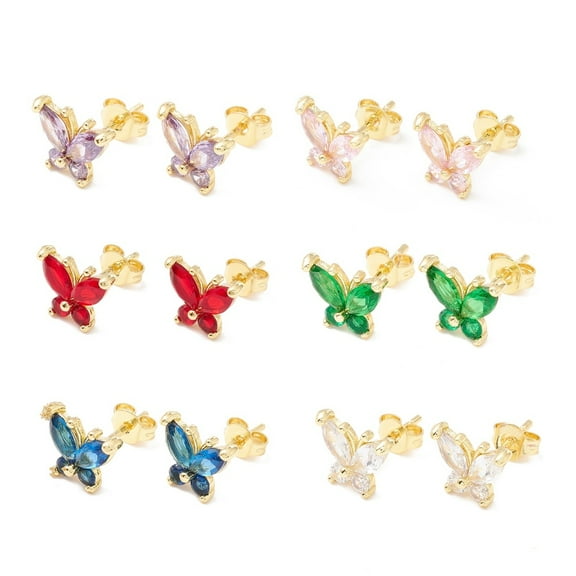 Brass Micro Pave Cubic Zirconia Stud Earring Butterfly Real 18K Gold Plated Mixed Color 8x9.5mm Pin: 1mm