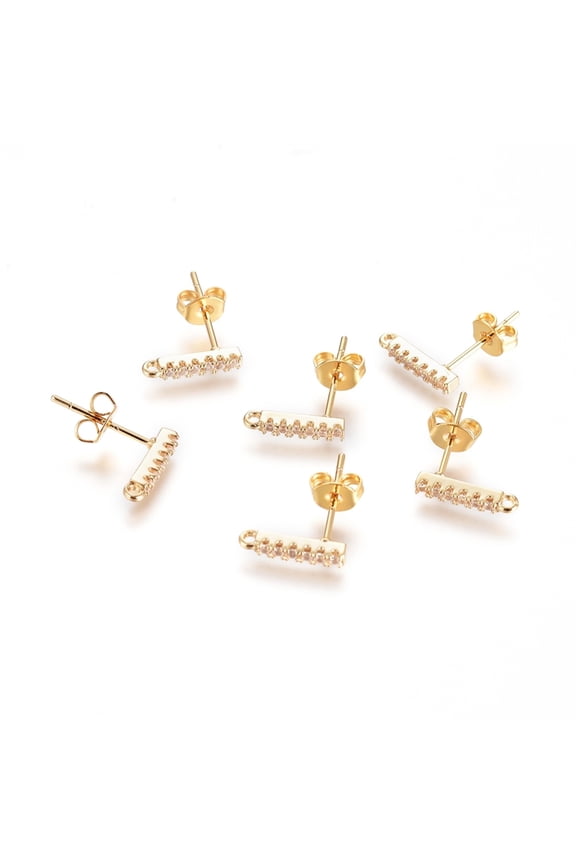 Brass Micro Pave Cubic Zirconia Stud Earring Finding Long-Lasting Plated Strip with Loop and Ear Nuts Clear Real 18K golden Plated 11x1.5x2mm Hole: 1mm Pin: 0.7mm