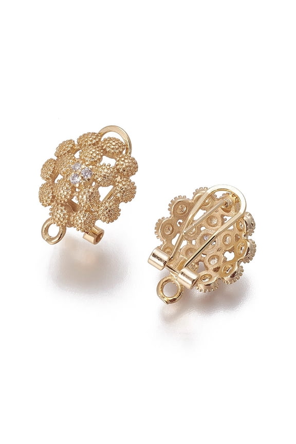 Brass Micro Pave Cubic Zirconia Stud Earring Findings French Clip Earrings with Loop Flower Clear Golden 19x14.5x12mm Hole: 1.8mm Pin: 0.7mm