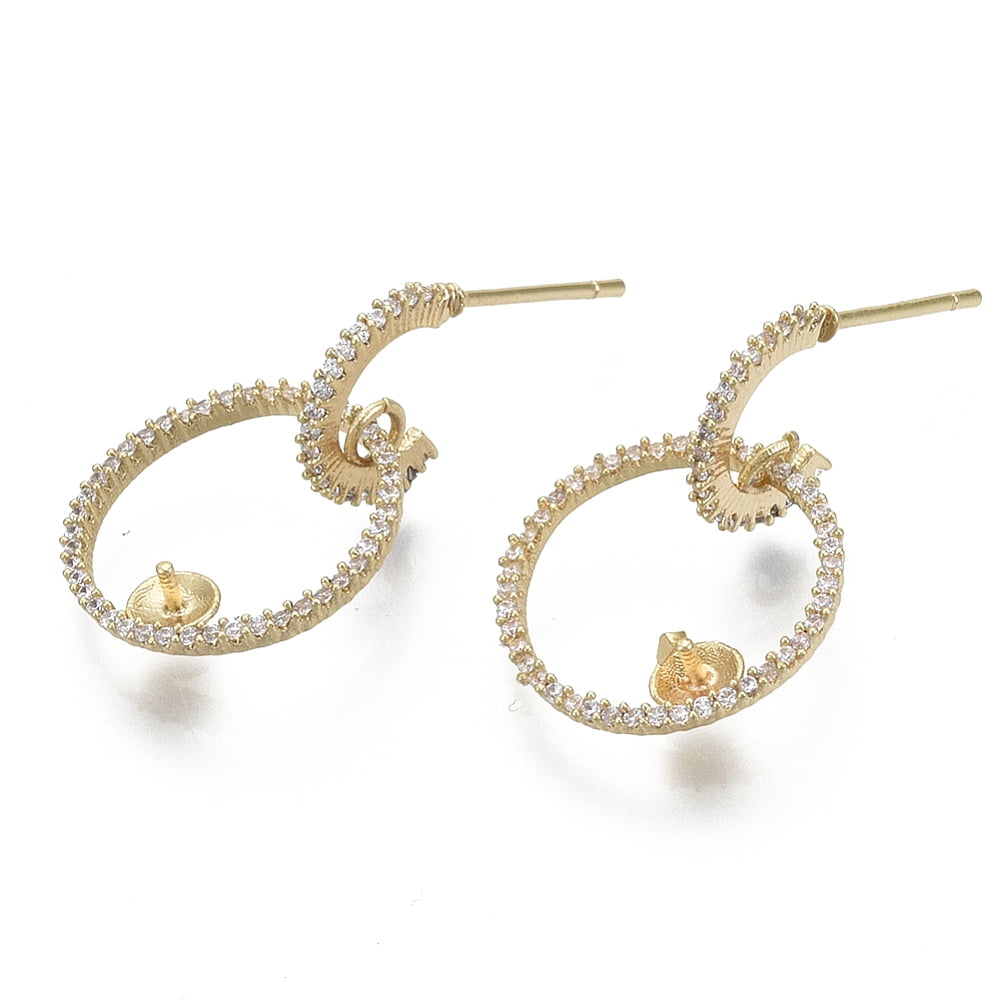 Brass Micro Pave Cubic Zirconia Stud Earring Findings for Half Drilled Beads Ring Shape Real 18K Gold Plated Clear 25mm Pin: 0.7mm