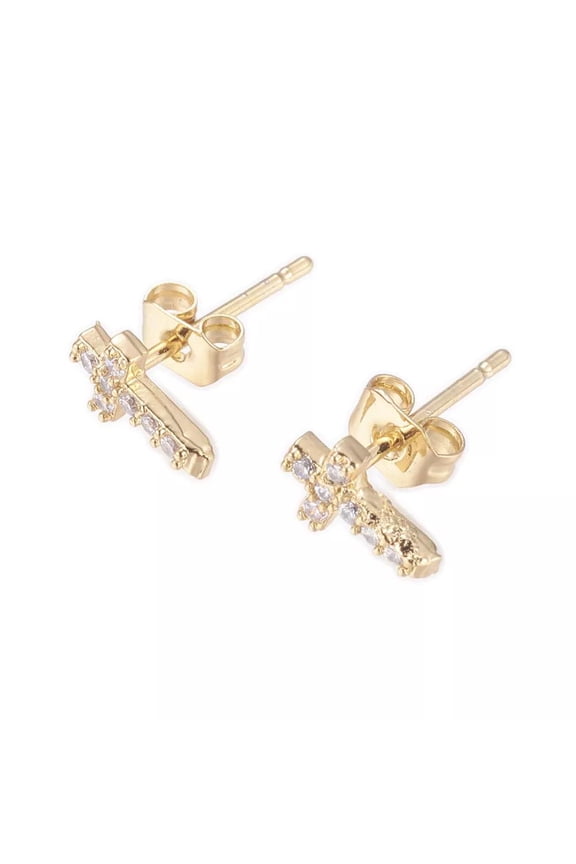 Brass Micro Pave Cubic Zircon Stud Earrings Ear Nuts Cross Gold 9X5X2Mm P640