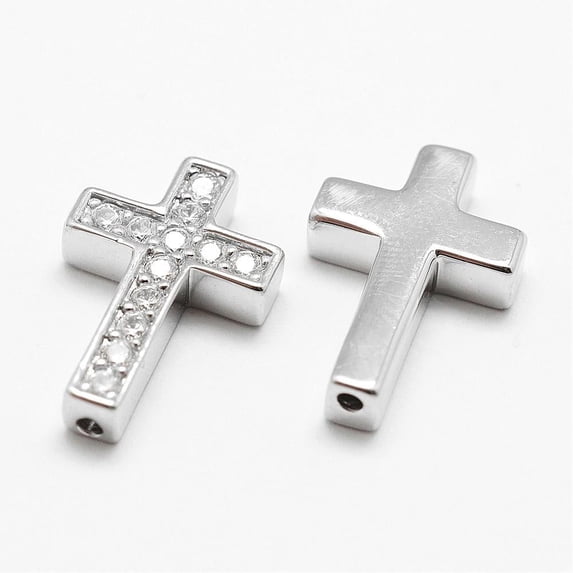 Brass Micro Pave Grade AAA Cubic Zirconia Beads Cross Cadmium Free & Nickel Free & Lead Free Real Platinum Plated 18.8x12.8x3.8mm Hole: 1.5mm