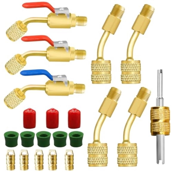Brass for Mini Split Adapter Kit With 45-Degree Ball Valves, R410A HVAC Service Port Connectors For R134A R12 R22 Systems, Valve Core Remover And Gaskets Included