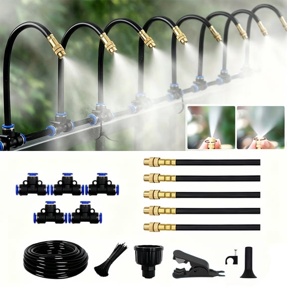 Brass Misting Nozzles Tee with Built in Hose for Outdoor Cooling System, Adjustable 360° Rotation, Water Mister Nozzles Thread Sprayer 5Packs